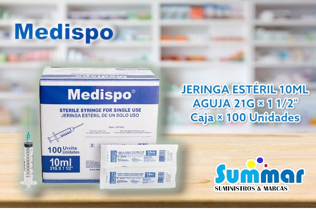 Jeringa Estéril 10ml Aguja 21G x 1 1/2¨ Caja x 100 Unidades MEDISPO