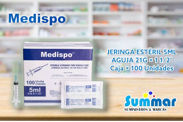 Jeringa Estéril 5ml Aguja 21G x 1 1/2¨ Caja x 100 Unidades MEDISPO