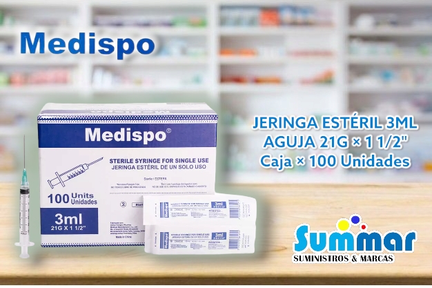 Jeringa Estéril 3ml Aguja 21G x 1 1/2¨ Caja x 100 Unidades MEDISPO