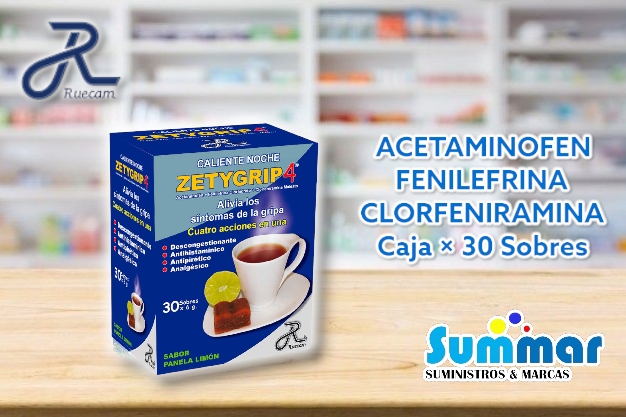 Zetygrip 4 Caja x 30 Sobres (Acetaminofén Fenilefrina Clorfeniramina) RUECAM