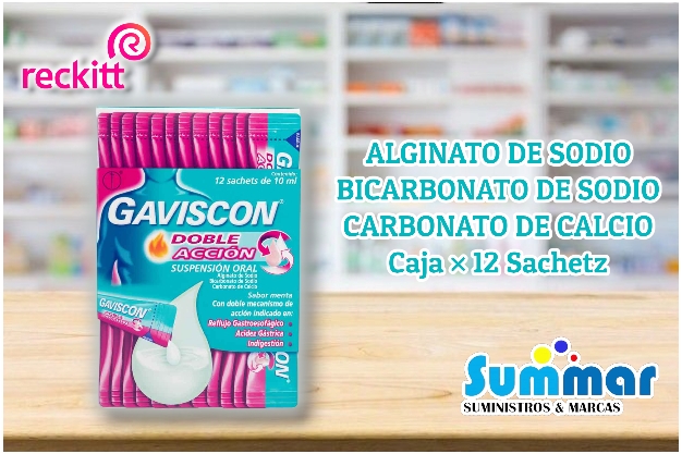 Gaviscon Doble Acción Caja x 12 Sachets de 10ml (Alginato de Sodio Bicarbonato de Sodio Carbonato de Calcio) RECKITT