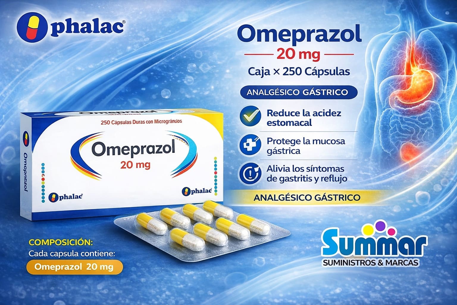 Omeprazol 20mg Caja x 250 Cápsulas Duras OPHALAC