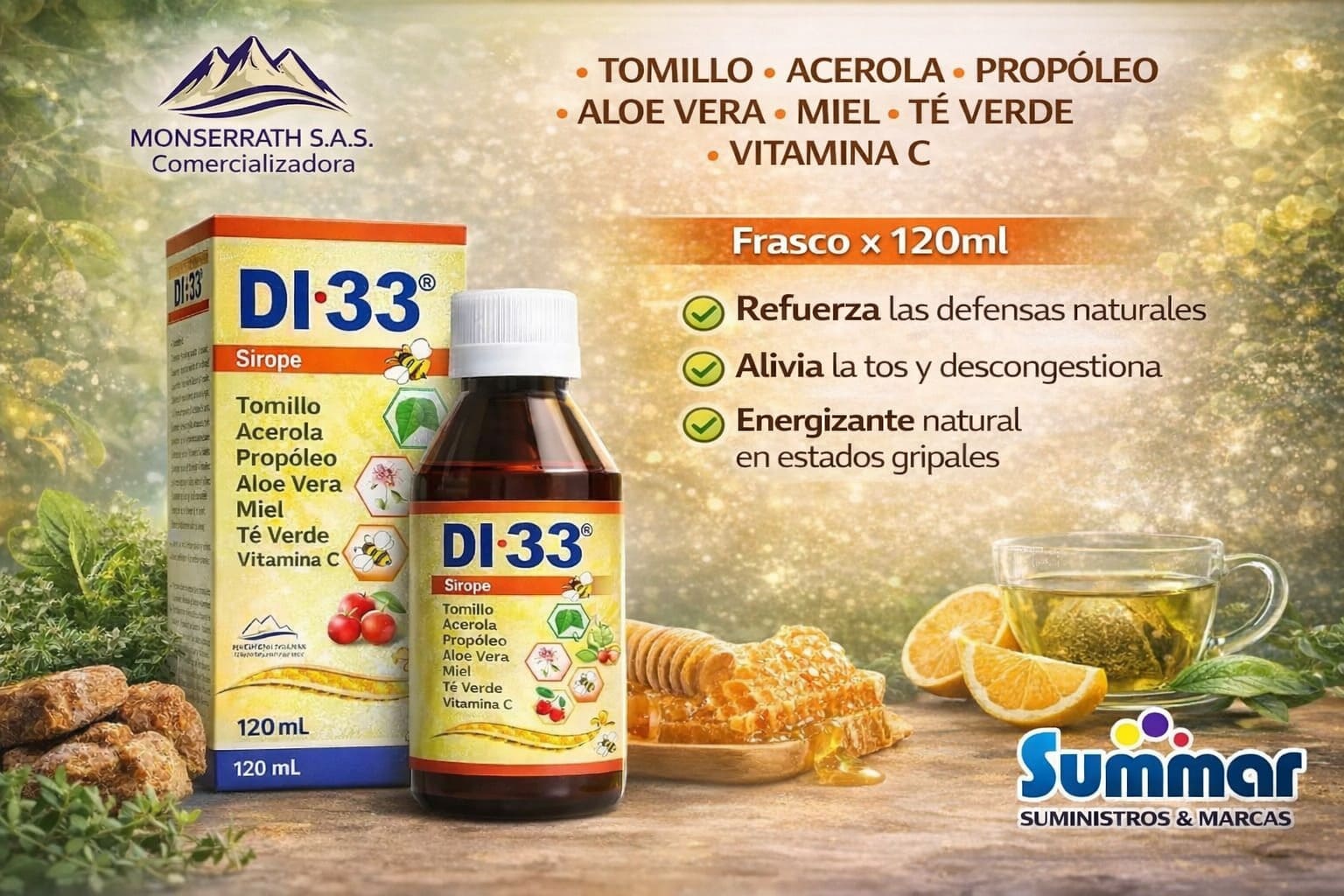 DI-33 Sabor Mentolyptus Frasco x 120ml (Tomillo Acerola Propóleo Aloe Vera Miel Té Verde Vitamina C) MONSERRATH