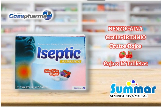 Iseptic Garganta Sabor Frutos Rojos Caja x 12 Tabletas Masticables (Benzocaína Cetilpiridino) COASPHARMA