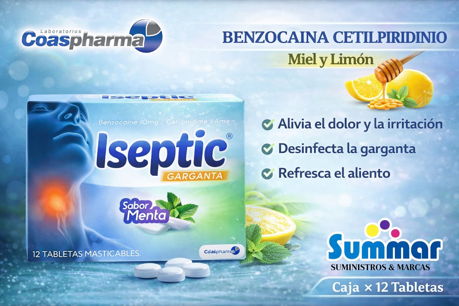 Iseptic Garganta Sabor Menta Caja x 12 Tabletas Masticables (Benzocaína Cetilpiridino) COASPHARMA
