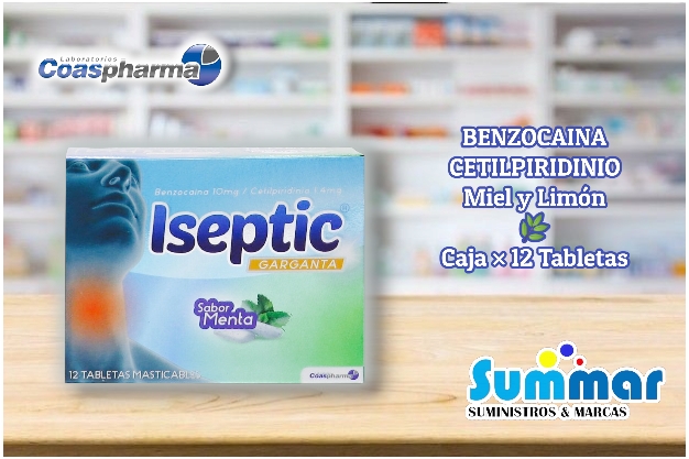 Iseptic Garganta Sabor Menta Caja x 12 Tabletas Masticables (Benzocaína Cetilpiridino) COASPHARMA