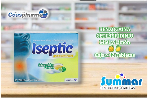 Iseptic Garganta Sabor Miel y Limón Caja x 12 Tabletas Masticables (Benzocaína Cetilpiridino) COASPHARMA