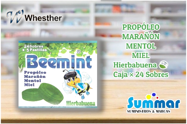 Beemint Hierbabuena Caja x 24 Sobres x 5 Pastillas (Propóleo Marañón Mentol Miel) WHESTHER