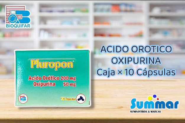 Pluropon 200mg/50mg Caja x 10 Cápsulas (Acido Orótico Oxipurina) BIOQUIFAR