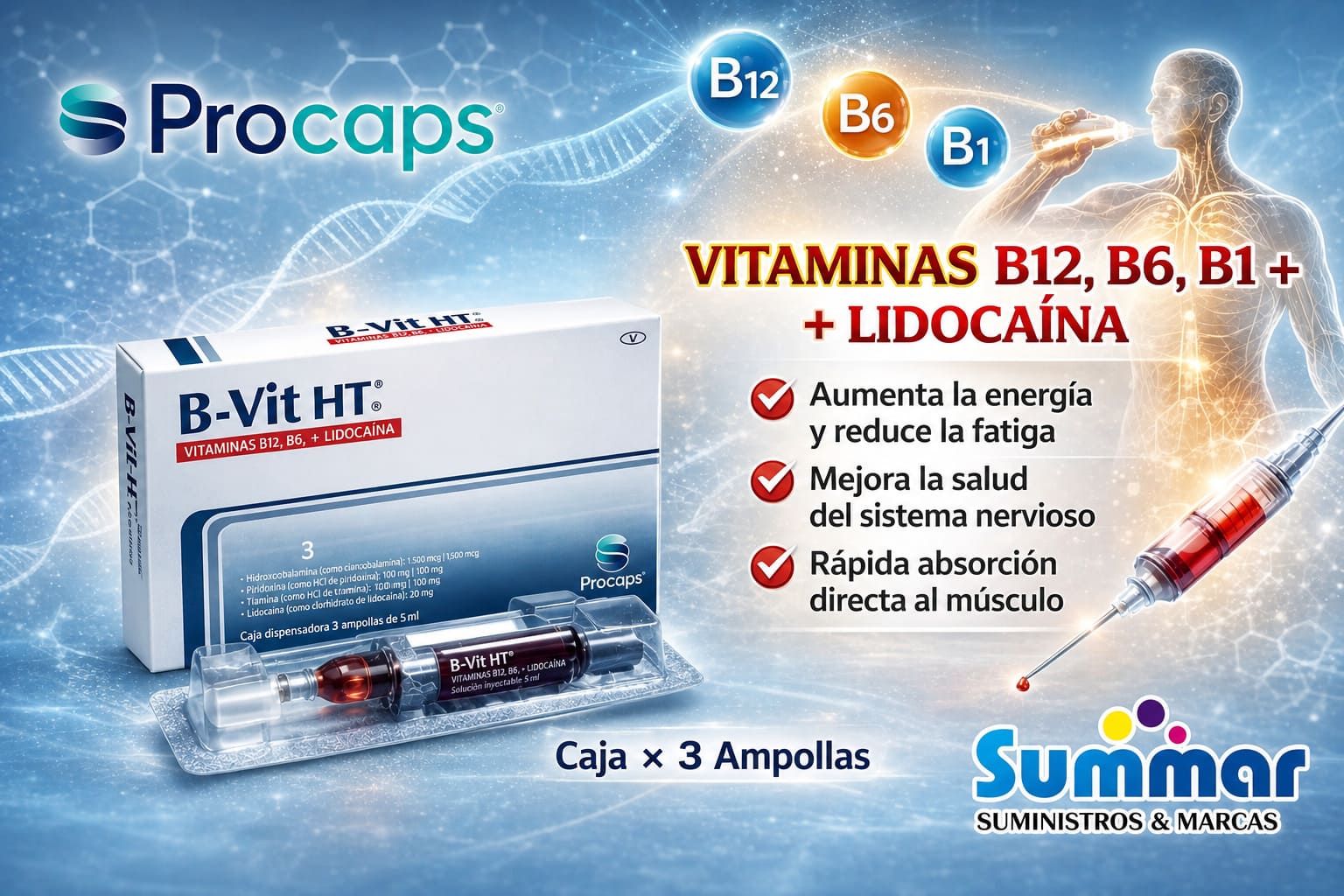 B-vit HTJeringas Prellenadas 2ml Solución Inyectable Caja x 3 Ampollas (Vitaminas B12 B6 B1 + Lidocaína) PROCAPS