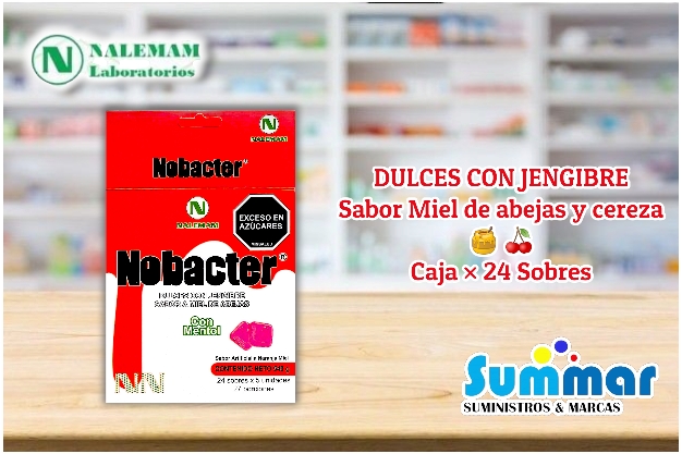 Nobacter Dulces con Jengibre Sabor a miel de abejas y cereza Caja x 24 Sobres x 5 unidades NALEMAN