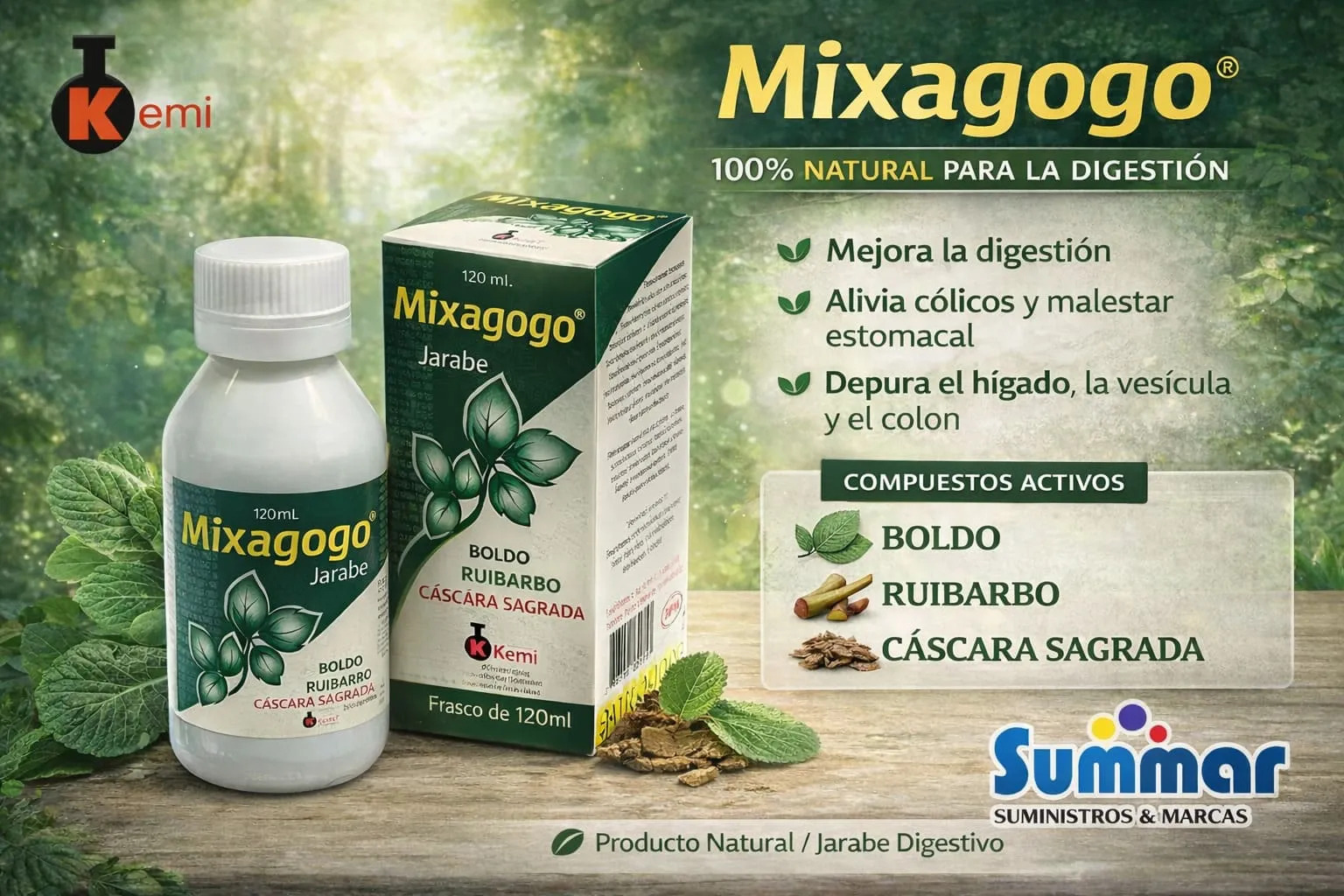 Mixagogo Jarabe Frasco x 120ml (Boldo Ruibarbo Cáscara Sagrada) KEMI