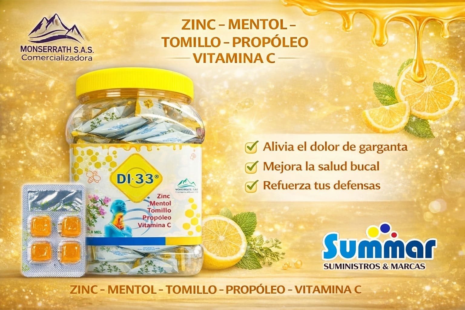 DI-33 Sabor Miel Bombonera x 25 Blister x 4 (Zinc Mentol Tomillo Propóleo Vitamina C) MONSERRATH
