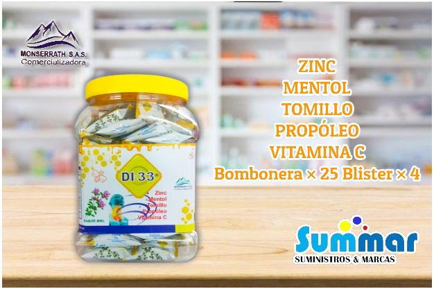 DI-33 Sabor Miel Bombonera x 25 Blister x 4 (Zinc Mentol Tomillo Propóleo Vitamina C) MONSERRATH