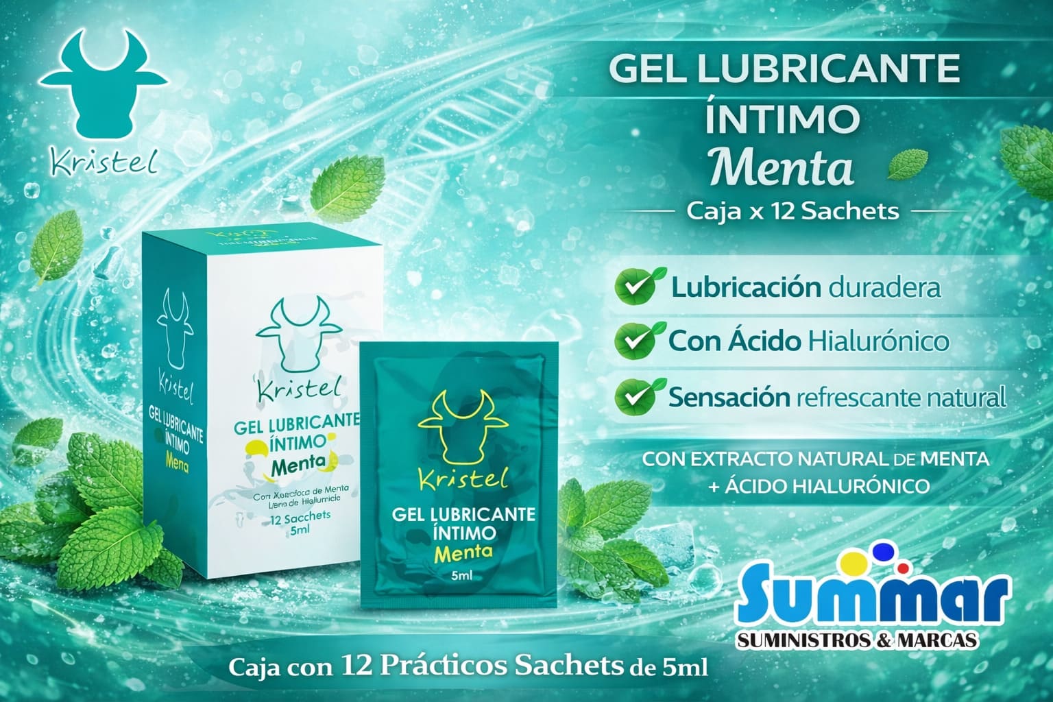 Kristel Gel Lubricante Íntimo Menta Caja x 12 Sachets 5ml GRUPO RAYCALL