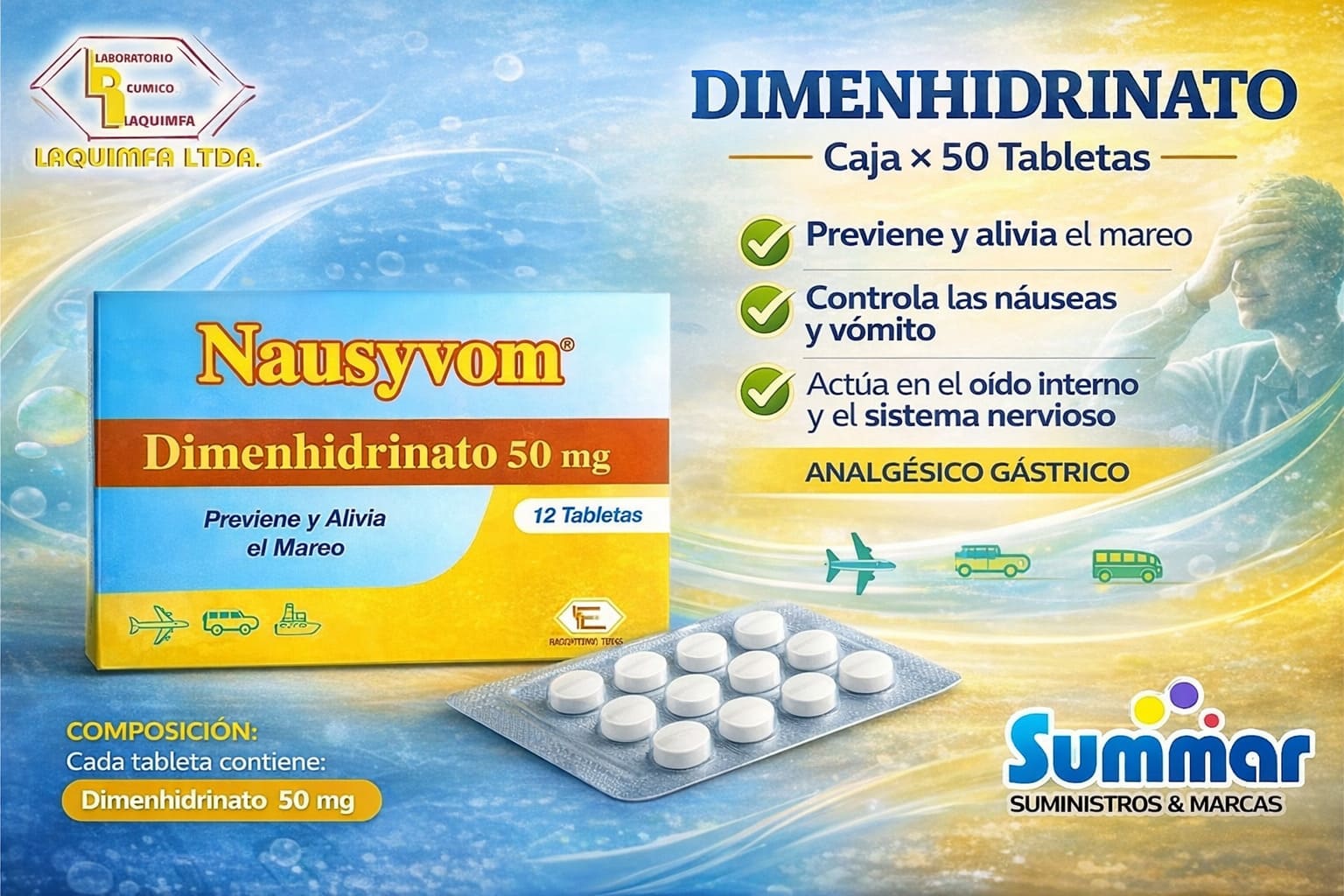 Nausyvom 50mg Caja x 12 Tabletas (Dimenhidrinato) LABQUIFAR