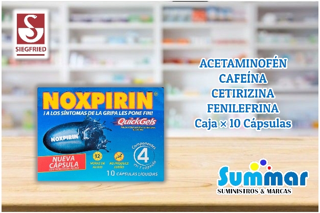 Noxpirin Quick Gels Caja x 10 Cápsulas (Acetaminofén Cafeína Cetirizina Fenilefrina) SIEGFRIED