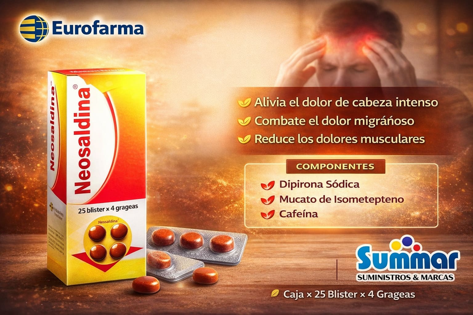 Neosaldina® Caja x 25 Blister x 4 Grageas (Dipirona Sódica Mucato de Isometepteno Cafeina) EUROFARMA