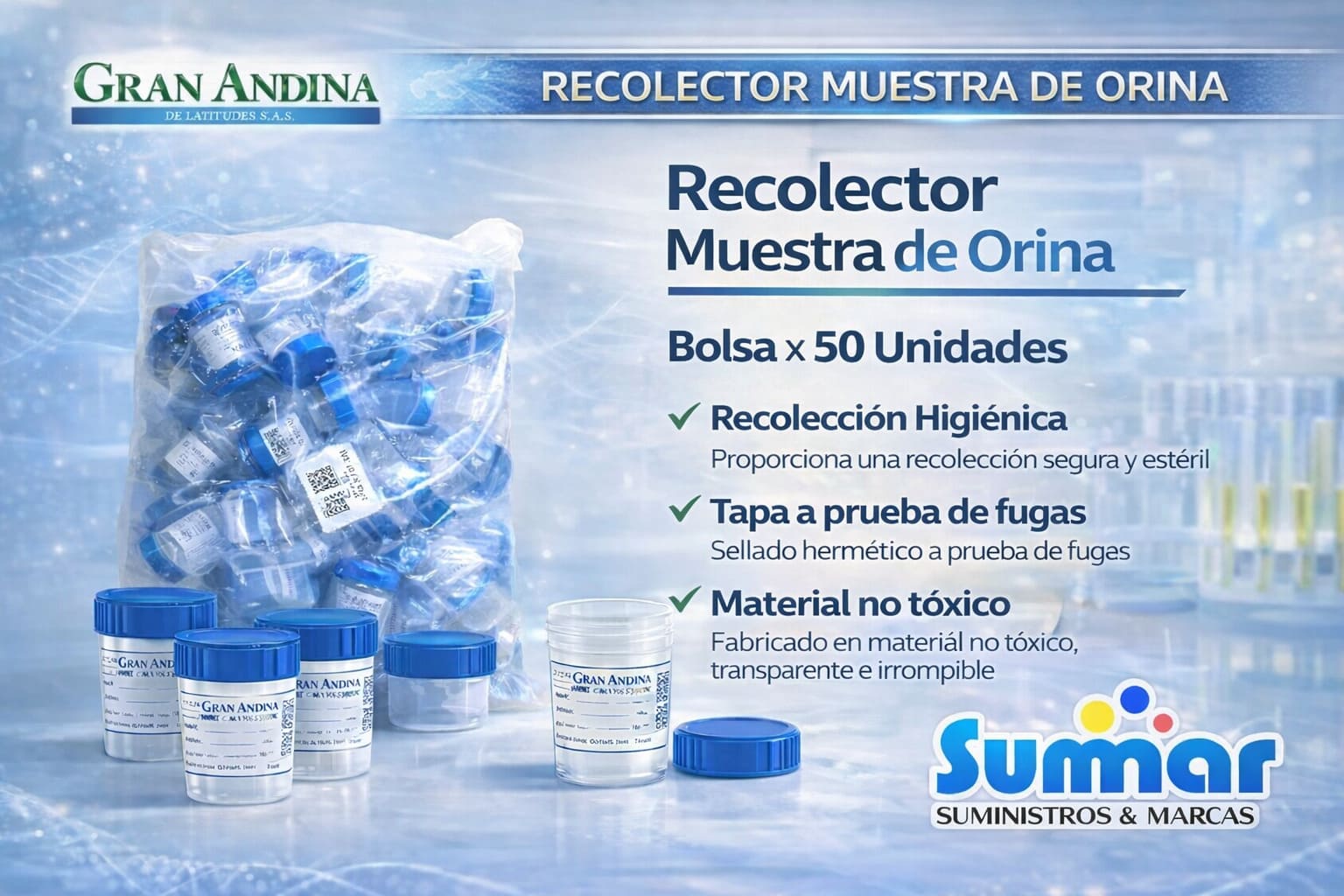 Recolector para Muestra de Orina Bolsa x 50 Unidades GRAN ANDINA