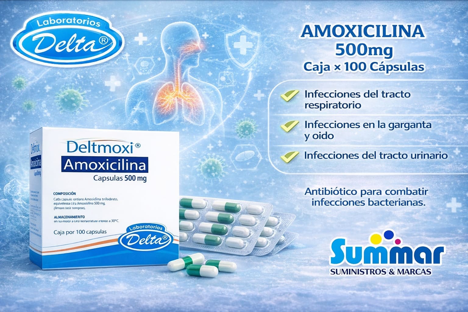 Deltmoxi® 500mg Caja x 100 Cápsulas (Amoxicilina) DELTA