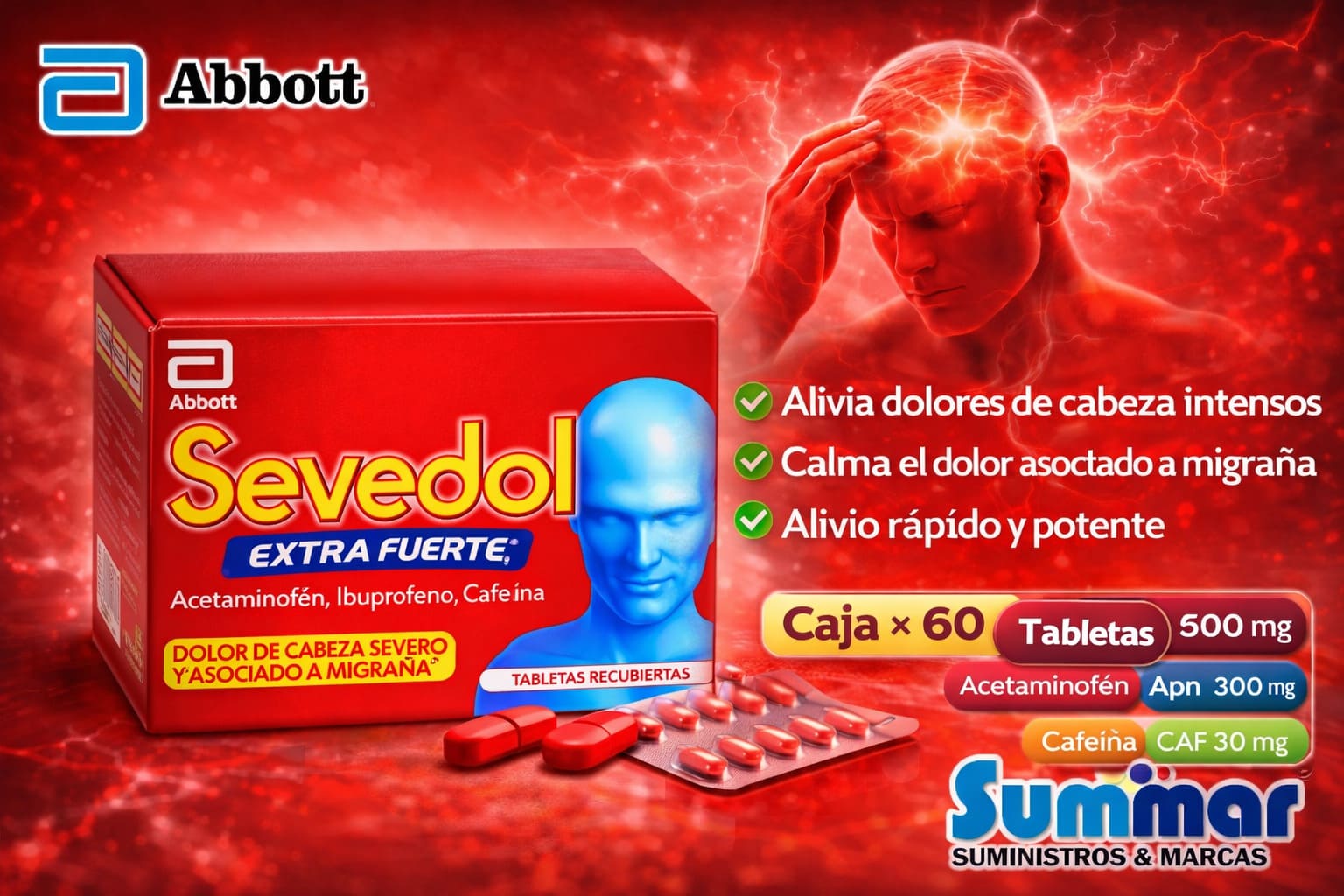 Sevedol Extra Fuerte Caja x 60 Tabletas (Acetaminofen Ibuprofeno Cafeina) ABBOTT