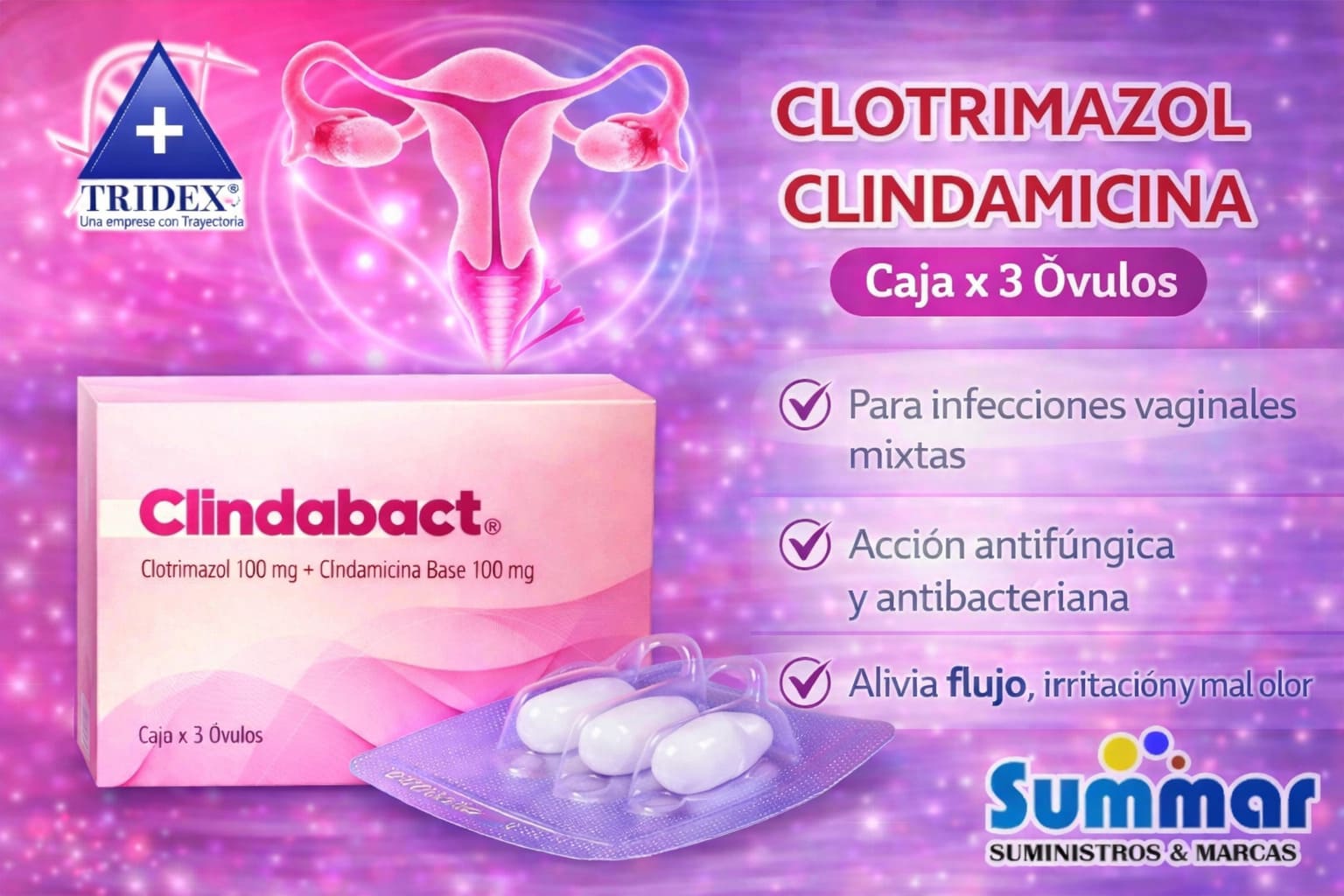 Clindabact® Caja x 3 Óvulos (Clindamicina Clotrimazol) TRIDEX