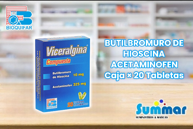 Viceralgina Compuesta 10mg/325mg Caja x 20 Tabletas (Butilbromuro de Hioscina Acetaminofén) BIOQUIFAR