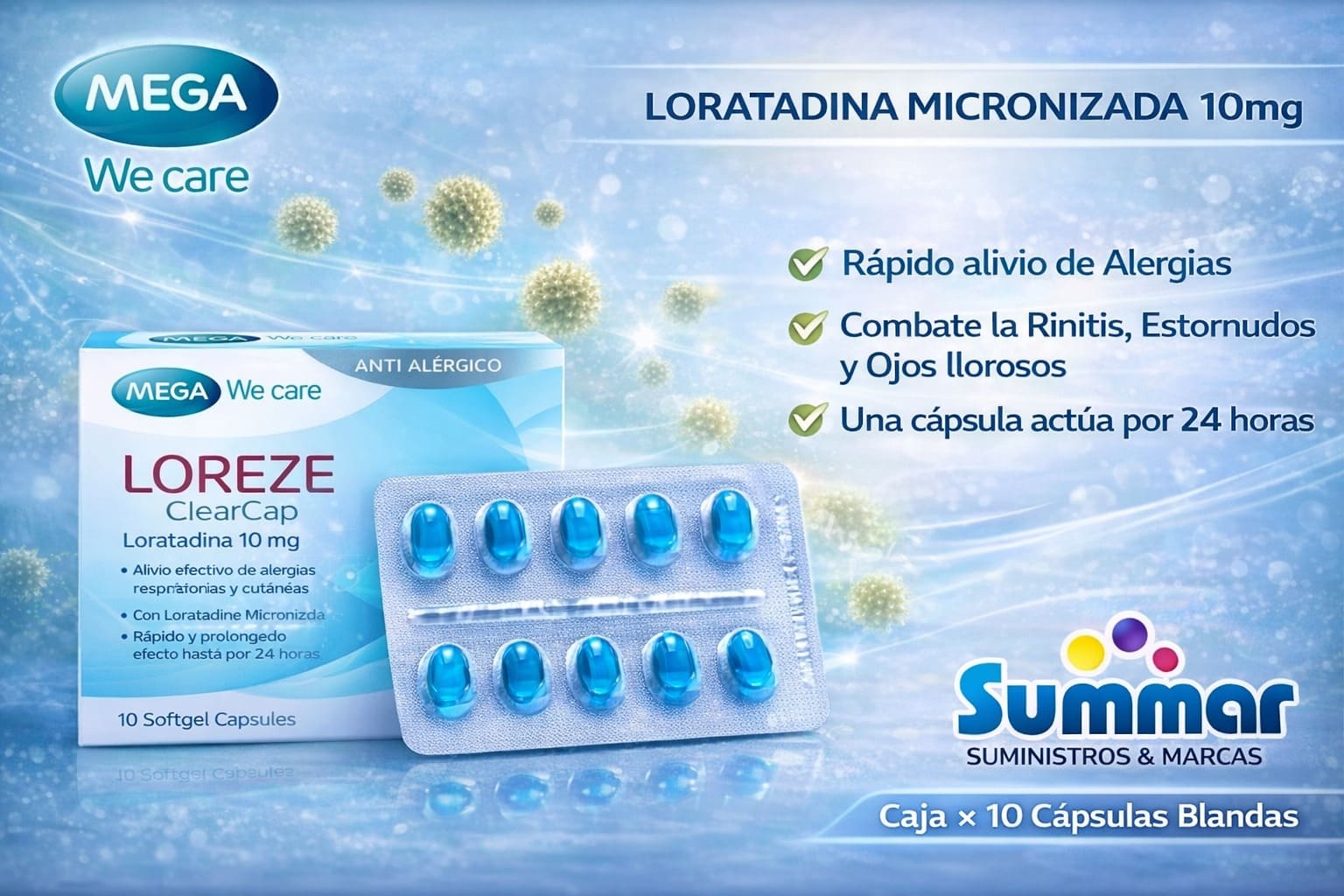 Loreze 10mg Caja x 10 Cápsulas de Gelatina Blanda (Loratadina) MEGA WE CARE