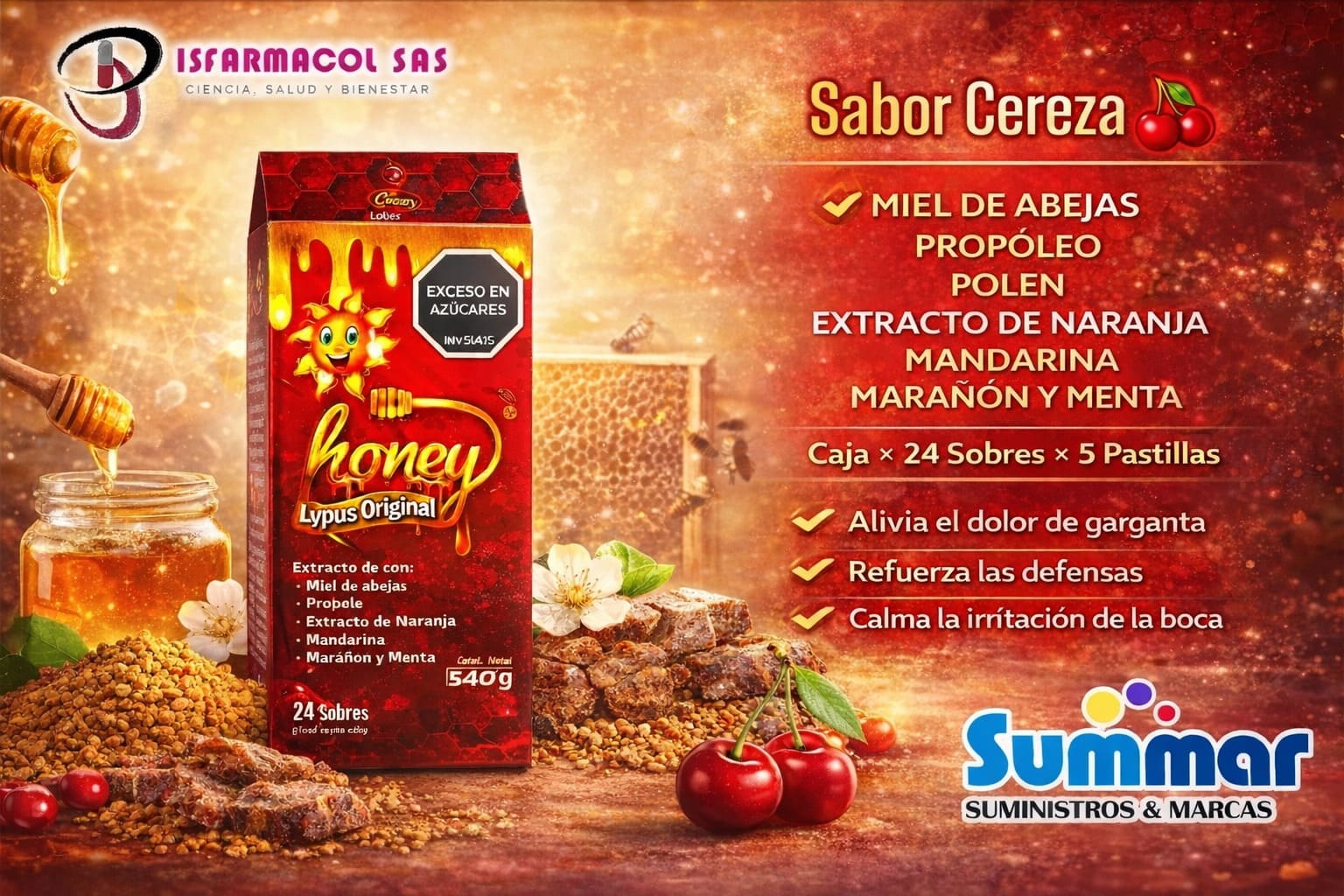 Honey Lyptus Original Cereza Caja x 24 Sobres x 5 Pastillas (Miel de abejas Propóleo Polen Extracto de Naranja MAndarina Marañon y Menta) DISFARMACOL