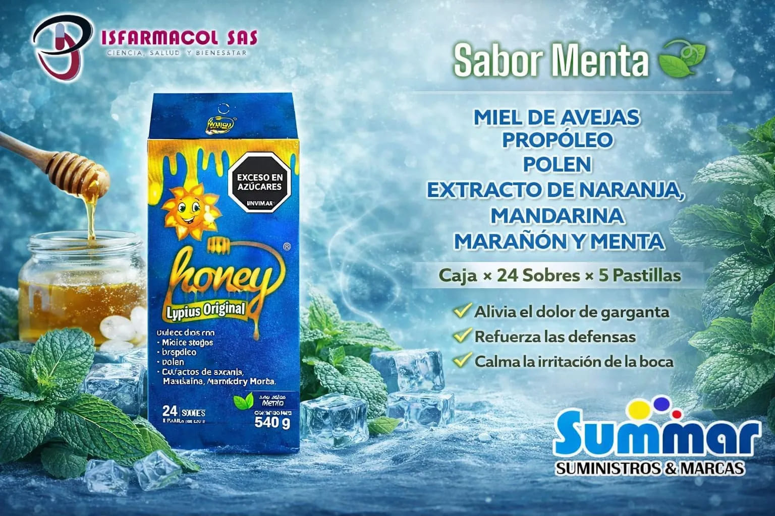 Honey Lyptus Original Menta Caja x 24 Sobres x 5 Pastillas (Miel de abejas Propóleo Polen Extracto de Naranja MAndarina Marañon y Menta) DISFARMACOL